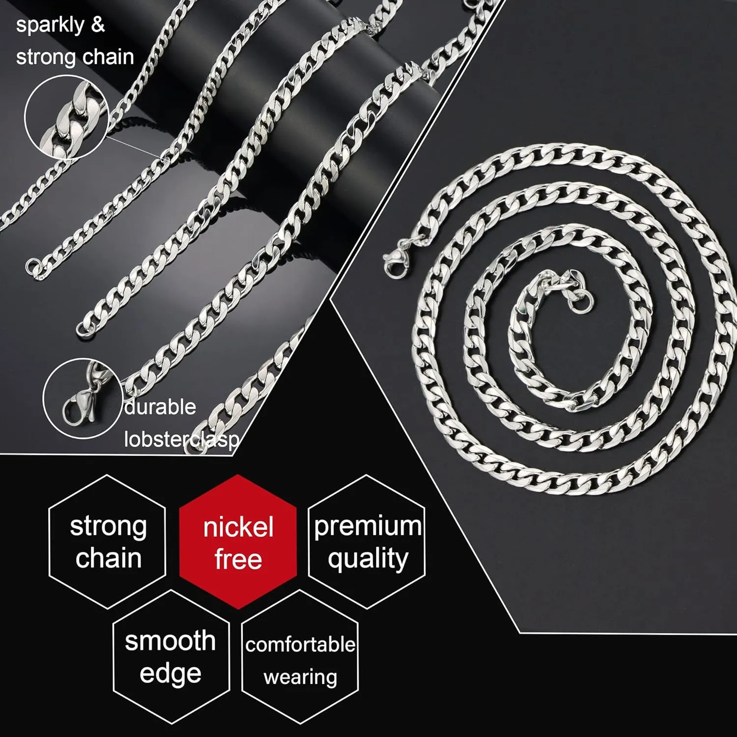 Monily Chain for Men Stainless Steel Cuban Curb Link Chains Necklace Women Boys Jewelry