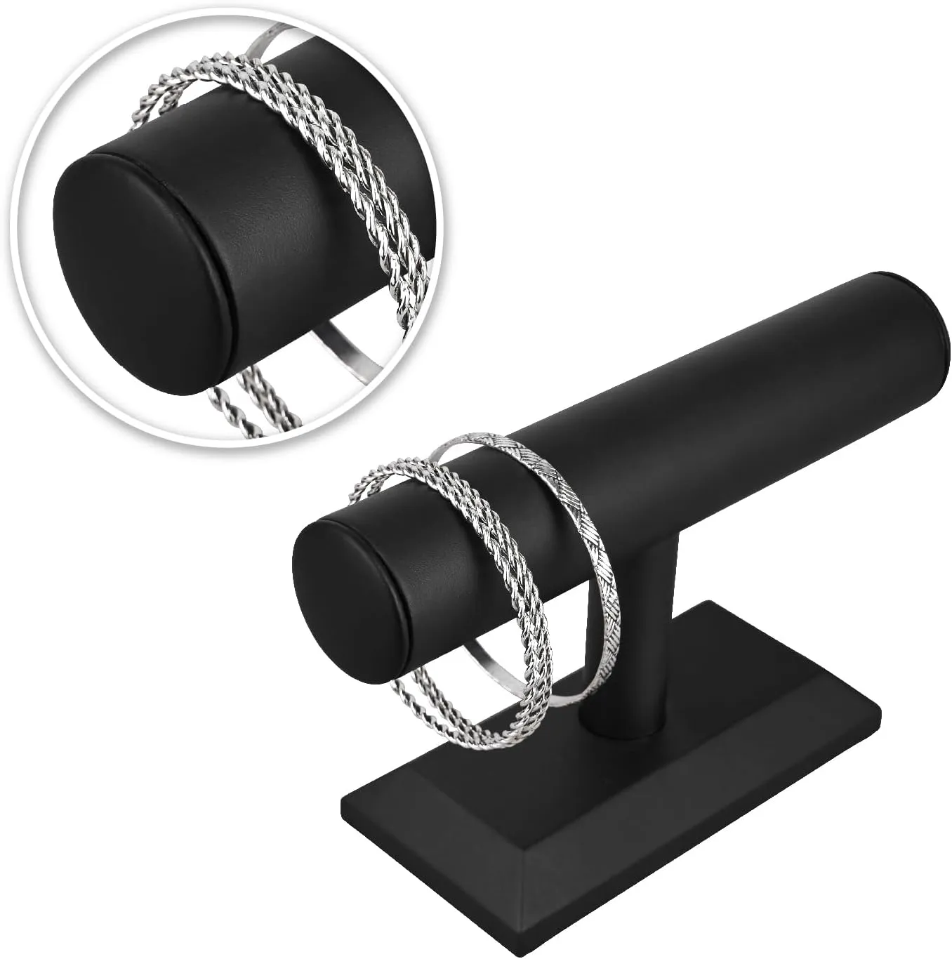 MOOCA 2 Pcs Black Deluxe PU Faux Leather Jewelry Holder Organizer, Wooden Bracelet Holder Stand, T-Bar Display Stand, Jewelry Organizer Stand for Bracelets, Bangles, and Watches