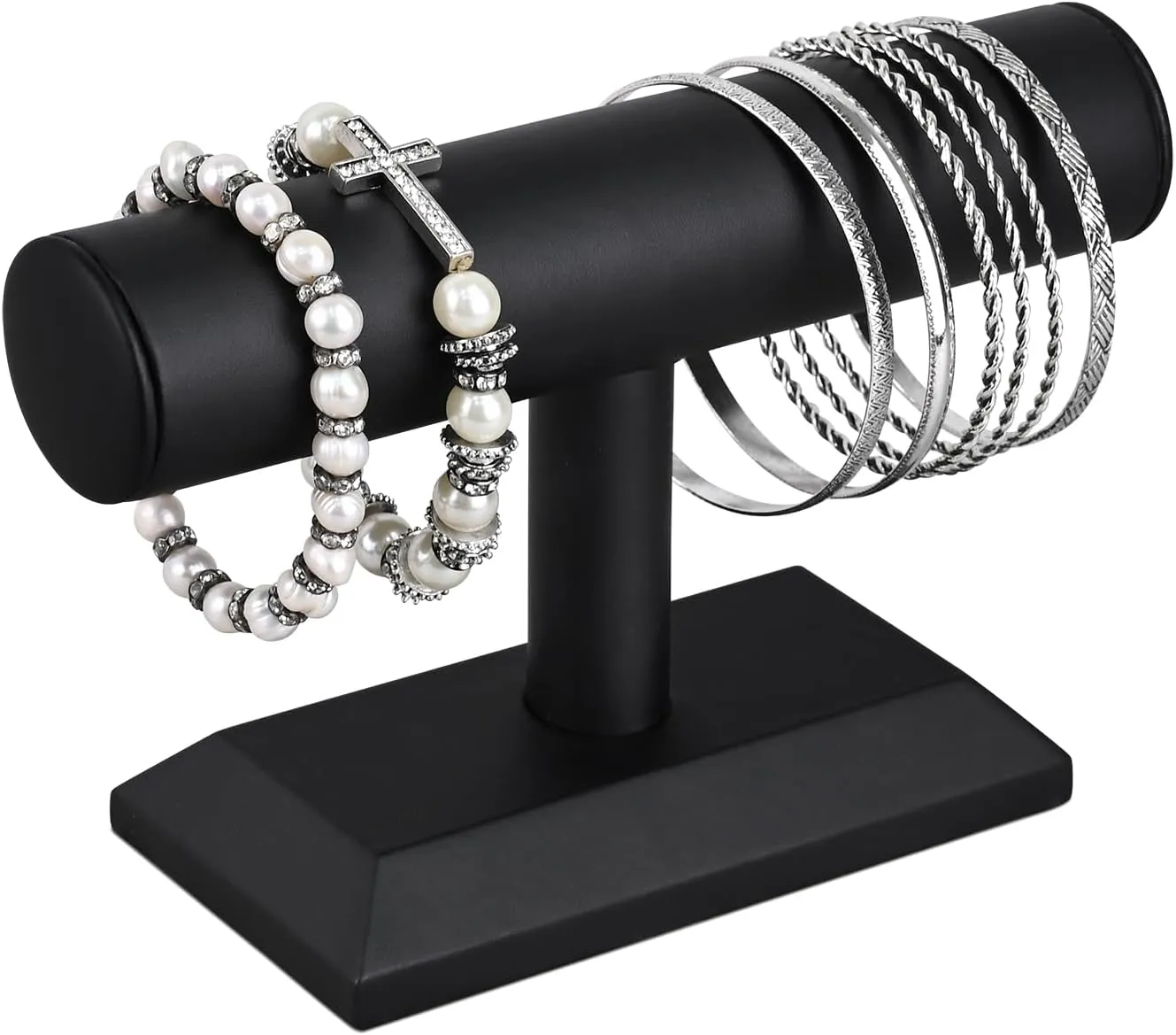 MOOCA 2 Pcs Black Deluxe PU Faux Leather Jewelry Holder Organizer, Wooden Bracelet Holder Stand, T-Bar Display Stand, Jewelry Organizer Stand for Bracelets, Bangles, and Watches