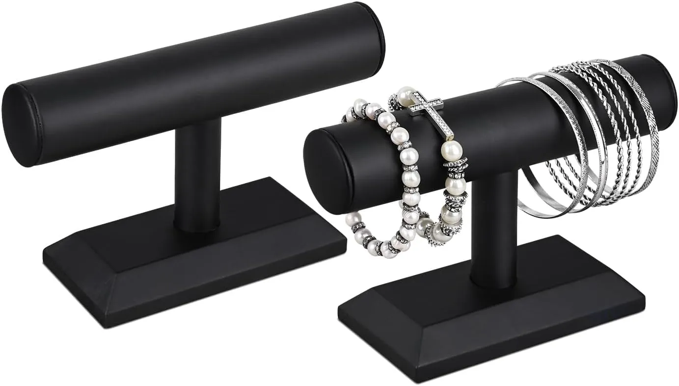 MOOCA 2 Pcs Black Deluxe PU Faux Leather Jewelry Holder Organizer, Wooden Bracelet Holder Stand, T-Bar Display Stand, Jewelry Organizer Stand for Bracelets, Bangles, and Watches