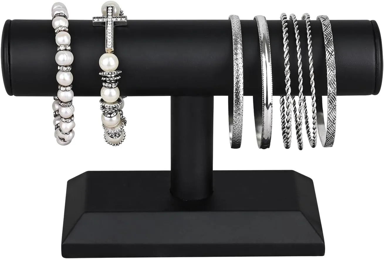 MOOCA 2 Pcs Black Deluxe PU Faux Leather Jewelry Holder Organizer, Wooden Bracelet Holder Stand, T-Bar Display Stand, Jewelry Organizer Stand for Bracelets, Bangles, and Watches