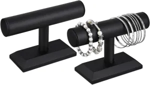 MOOCA 2 Pcs Black Deluxe PU Faux Leather Jewelry Holder Organizer, Wooden Bracelet Holder Stand, T-Bar Display Stand, Jewelry Organizer Stand for Bracelets, Bangles, and Watches