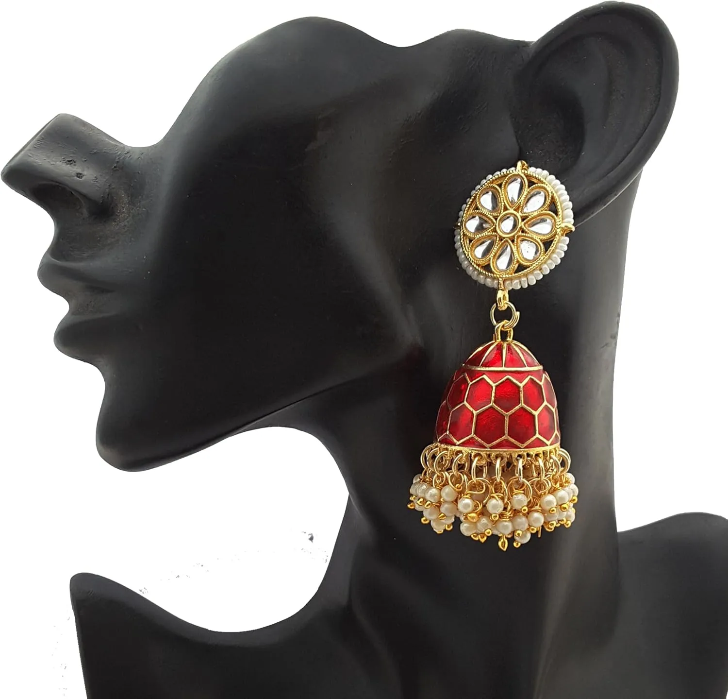 Moonstruck Traditional Indian Dome Shaped Golden Jhumka/Jhumki Earrings with Meenakari & Pearls for Women (Yellow)