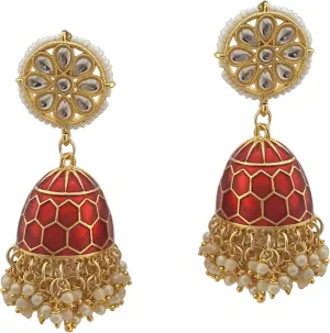 Moonstruck Traditional Indian Dome Shaped Golden Jhumka/Jhumki Earrings with Meenakari & Pearls for Women (Yellow)