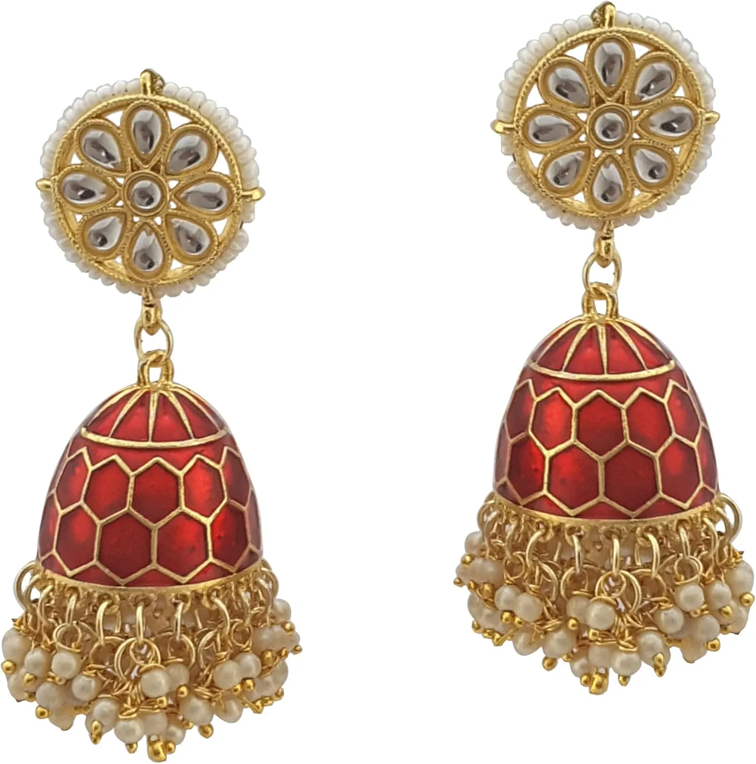 Moonstruck Traditional Indian Dome Shaped Golden Jhumka/Jhumki Earrings with Meenakari & Pearls for Women (Yellow)