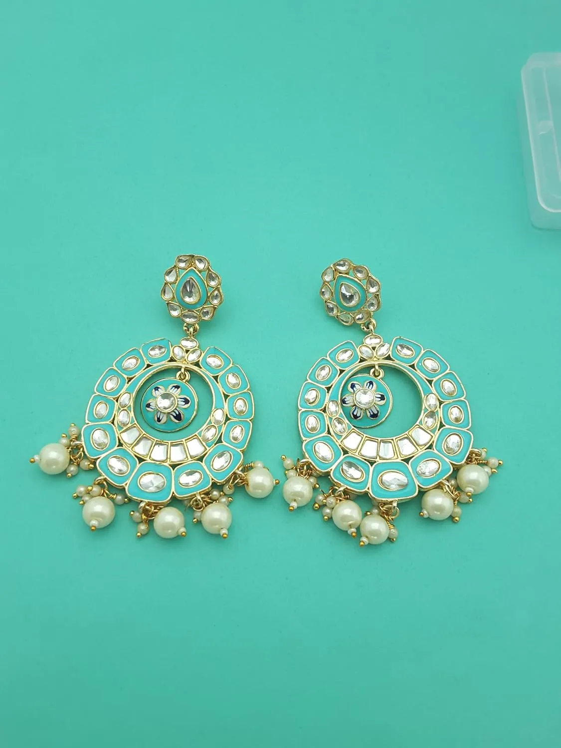 Moonstruck Traditional Indian Golden Chandbali/bali Earrings with Meenakari & Pearls for Women (Green)