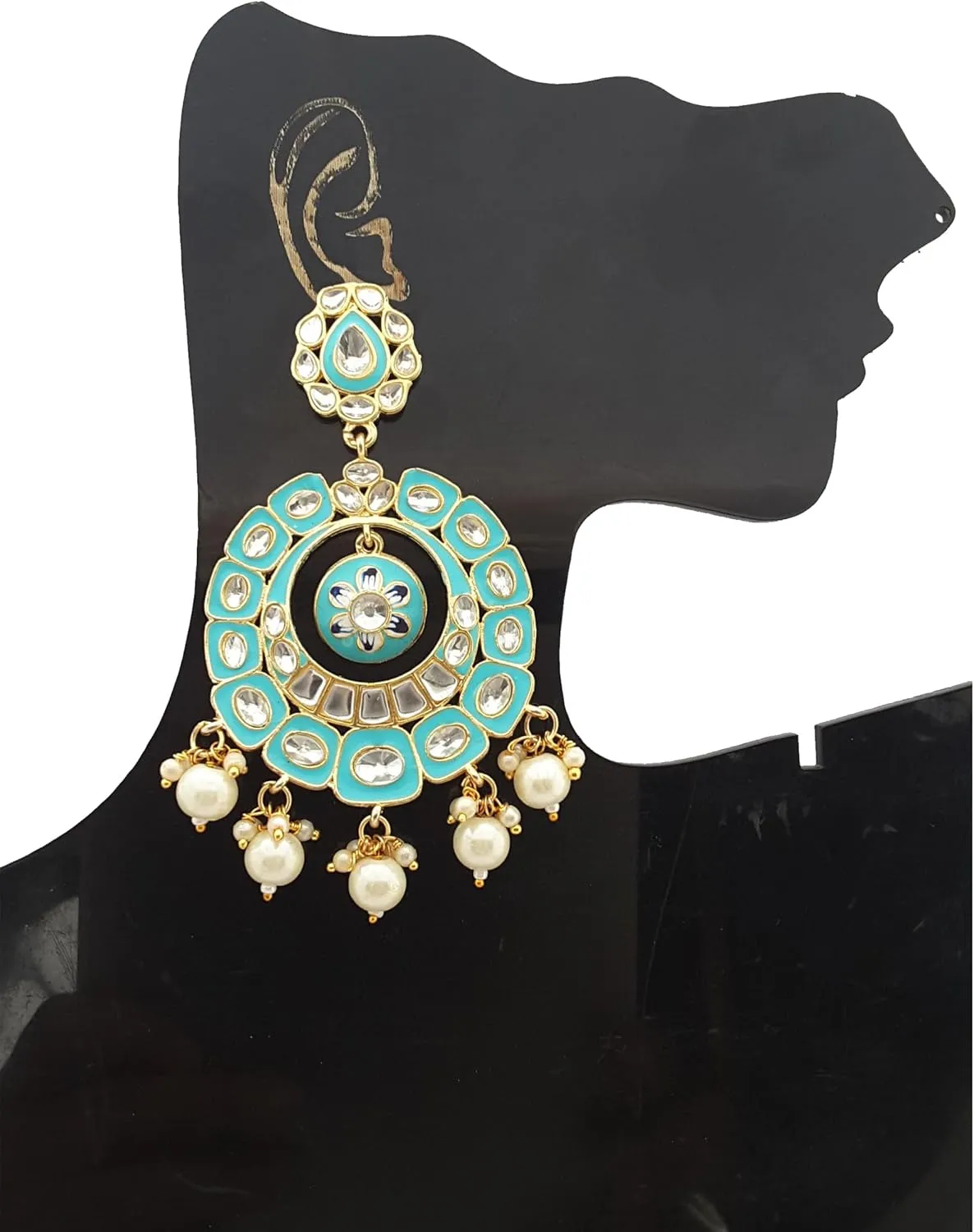 Moonstruck Traditional Indian Golden Chandbali/bali Earrings with Meenakari & Pearls for Women (Green)