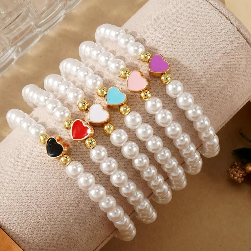 Mothers Day Dainty Pearl Heart 14K Gold Beaded Plated Bracelets for Women,Cute Love Stretch Colorful Charming Prom Summer Jewelry Friendship Birthday Gift