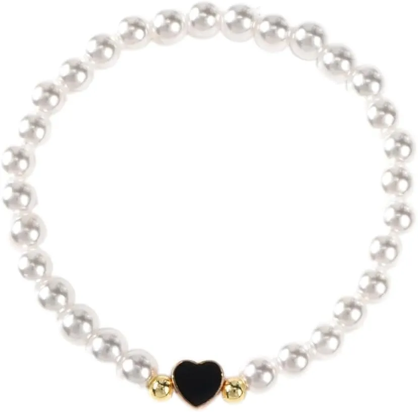 Mothers Day Dainty Pearl Heart 14K Gold Beaded Plated Bracelets for Women,Cute Love Stretch Colorful Charming Prom Summer Jewelry Friendship Birthday Gift