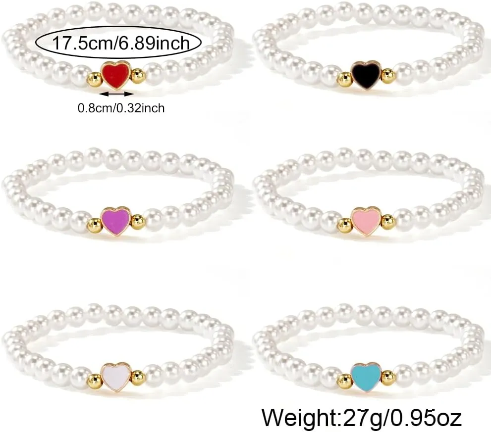 Mothers Day Dainty Pearl Heart 14K Gold Beaded Plated Bracelets for Women,Cute Love Stretch Colorful Charming Prom Summer Jewelry Friendship Birthday Gift
