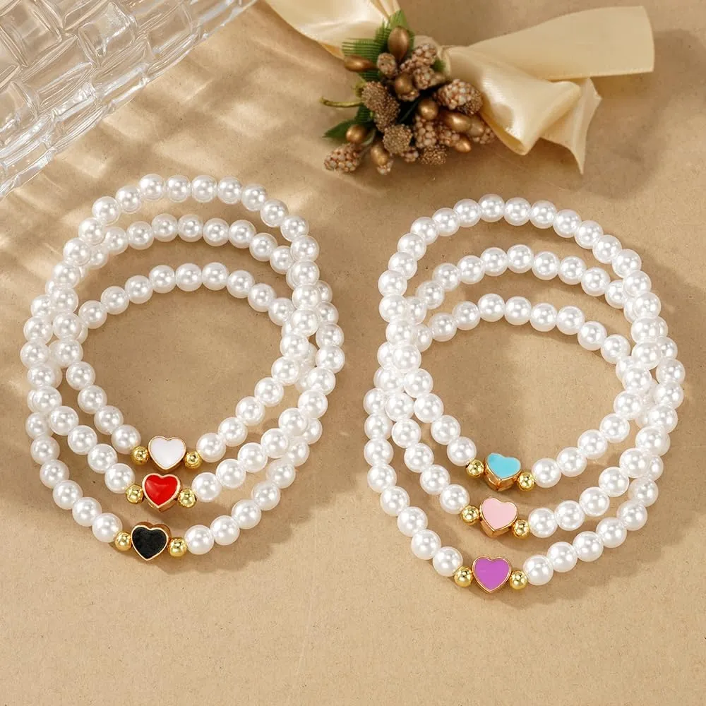 Mothers Day Dainty Pearl Heart 14K Gold Beaded Plated Bracelets for Women,Cute Love Stretch Colorful Charming Prom Summer Jewelry Friendship Birthday Gift