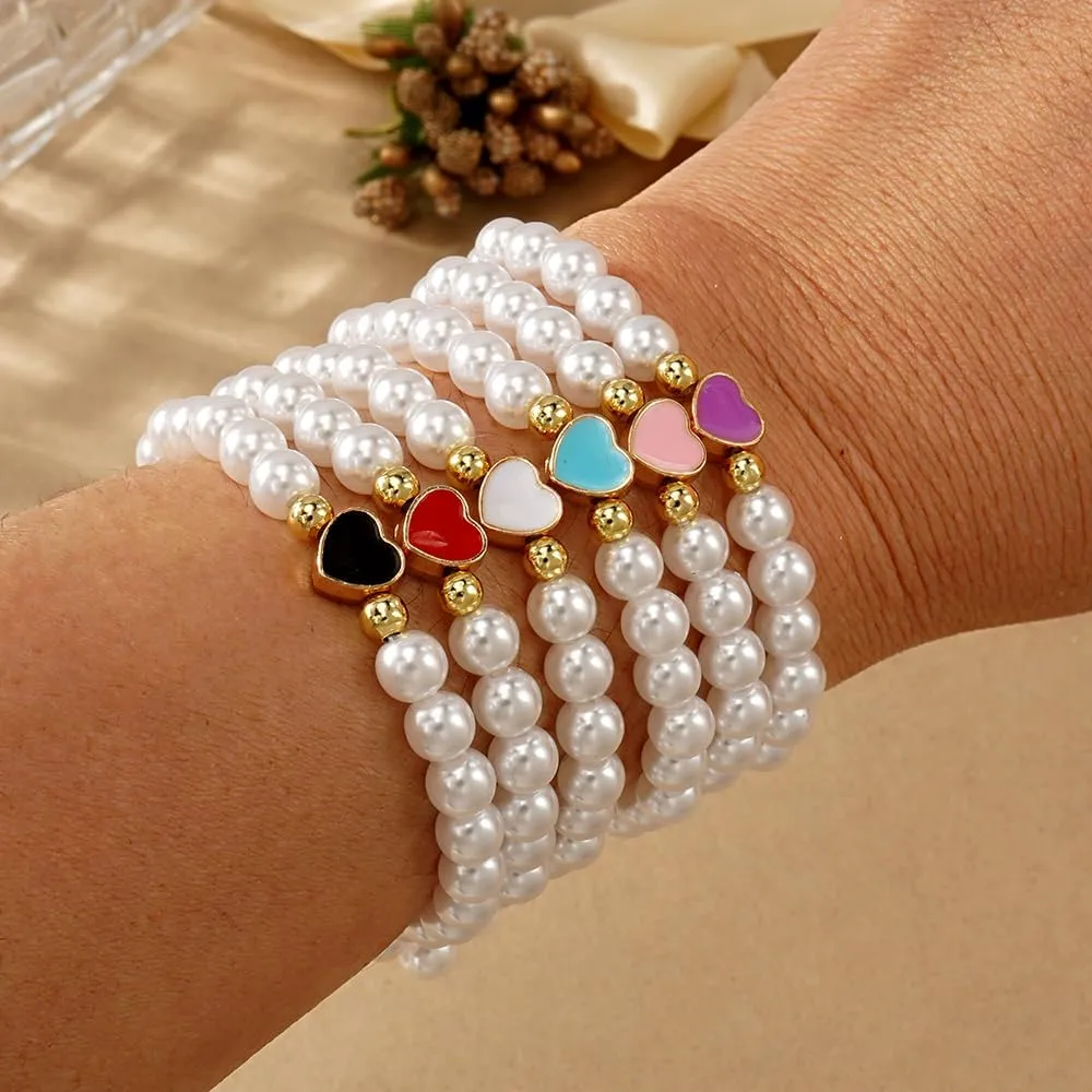 Mothers Day Dainty Pearl Heart 14K Gold Beaded Plated Bracelets for Women,Cute Love Stretch Colorful Charming Prom Summer Jewelry Friendship Birthday Gift