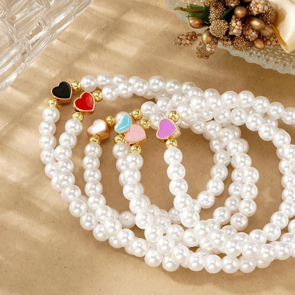 Mothers Day Dainty Pearl Heart 14K Gold Beaded Plated Bracelets for Women,Cute Love Stretch Colorful Charming Prom Summer Jewelry Friendship Birthday Gift