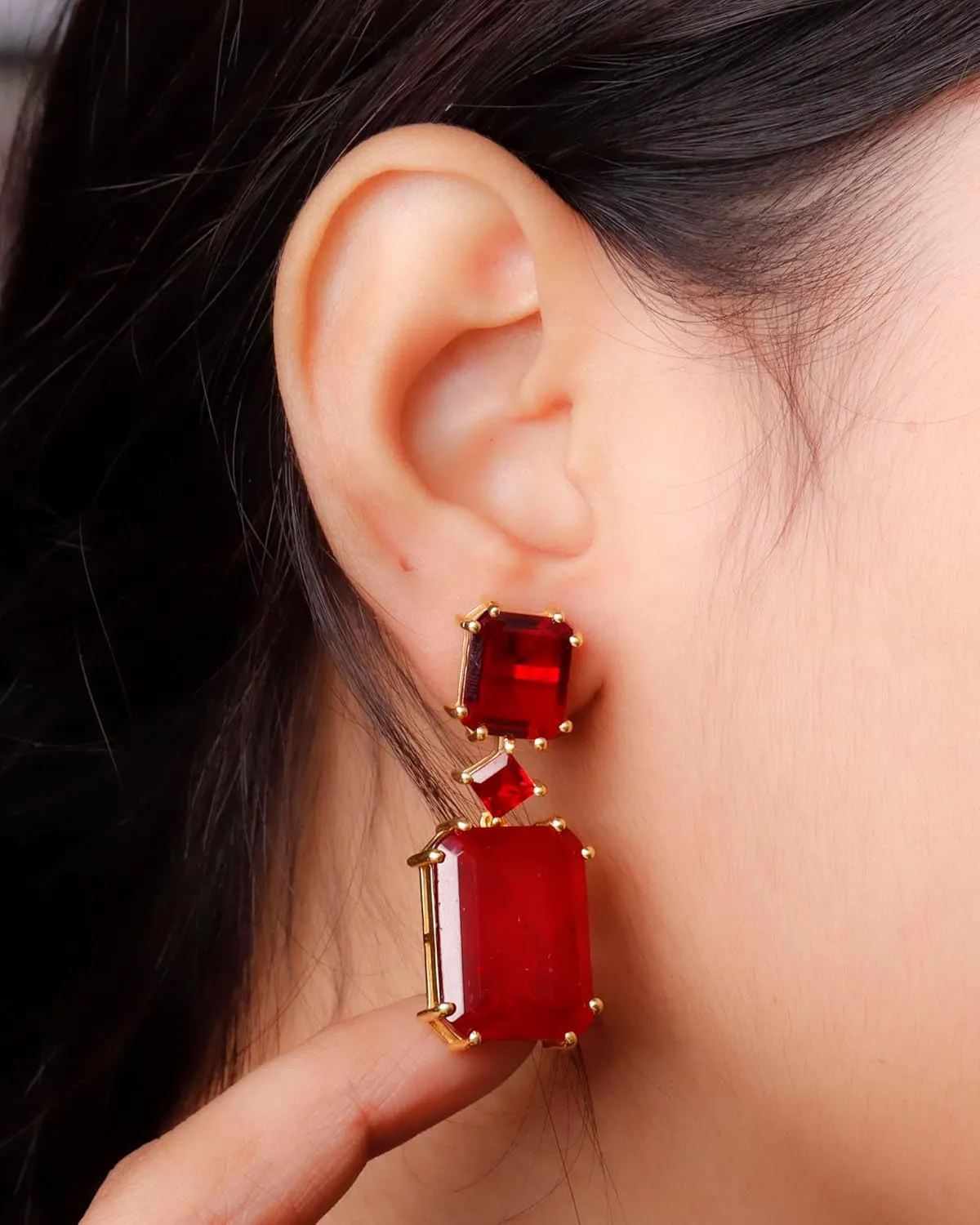 Multi Red Doubllet Gemstone Earrings, 14k Gold Vermeil Solid Brass Earrings, Dangle Drop Earrings For Women, Gemstone Hugging Earrings, Gifts For Women