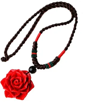 National Style Big Cinnabar Resin Rose Flower Pendant Necklace Red Floral Sweater Chain Lolita Gothic Vintage Jewelry for Women Gifts for Her
