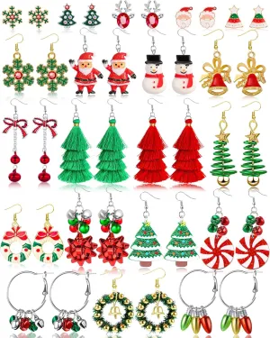 Natonhi 20 Pairs Christmas Earrings for Women, Holiday Xmas Dangle Earrings Bow Tree Bells Snowflake Light Earrings Studs Earrings Set for Bulk Girls Christmas Jewelry Gifts