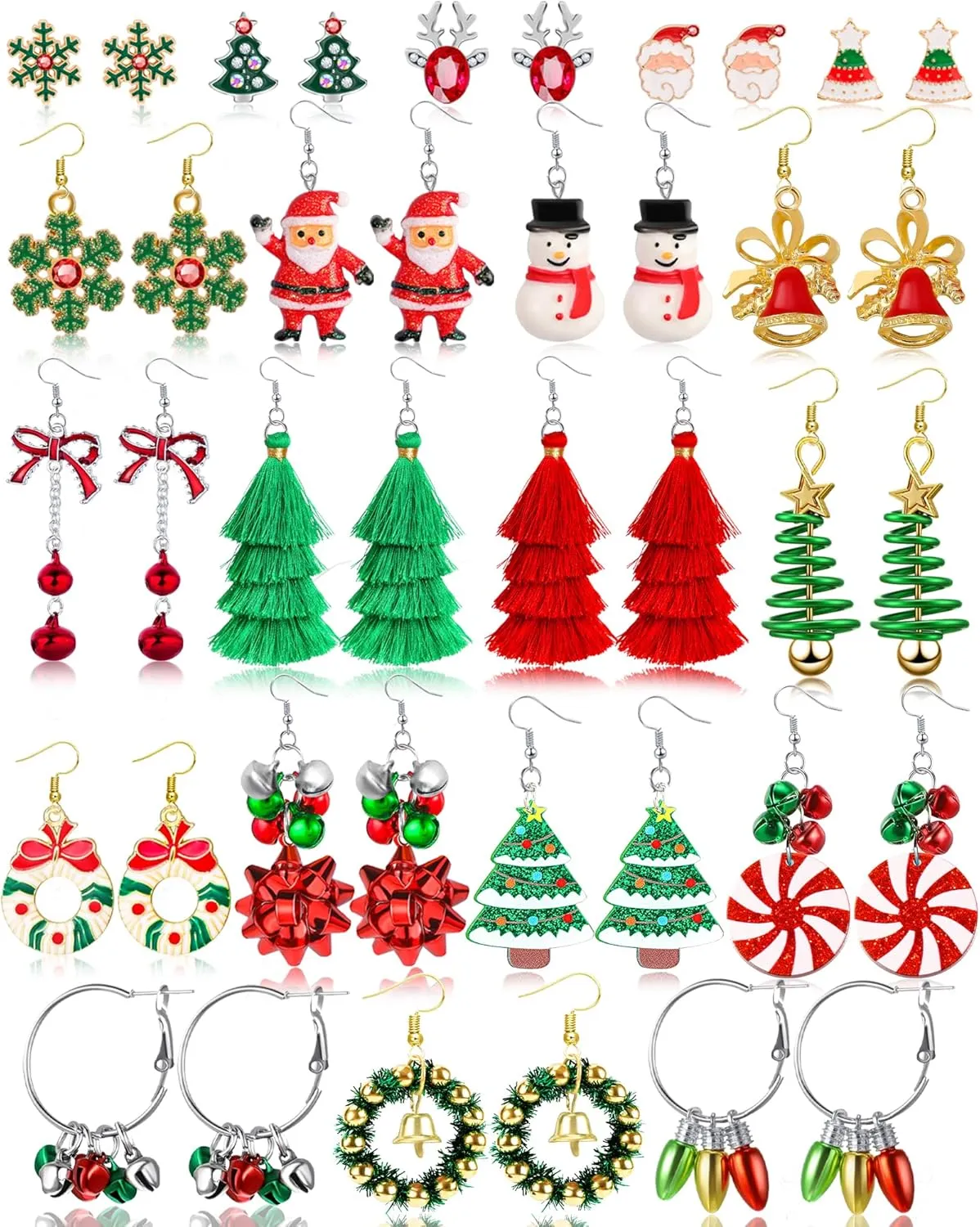 Natonhi 20 Pairs Christmas Earrings for Women, Holiday Xmas Dangle Earrings Bow Tree Bells Snowflake Light Earrings Studs Earrings Set for Bulk Girls Christmas Jewelry Gifts