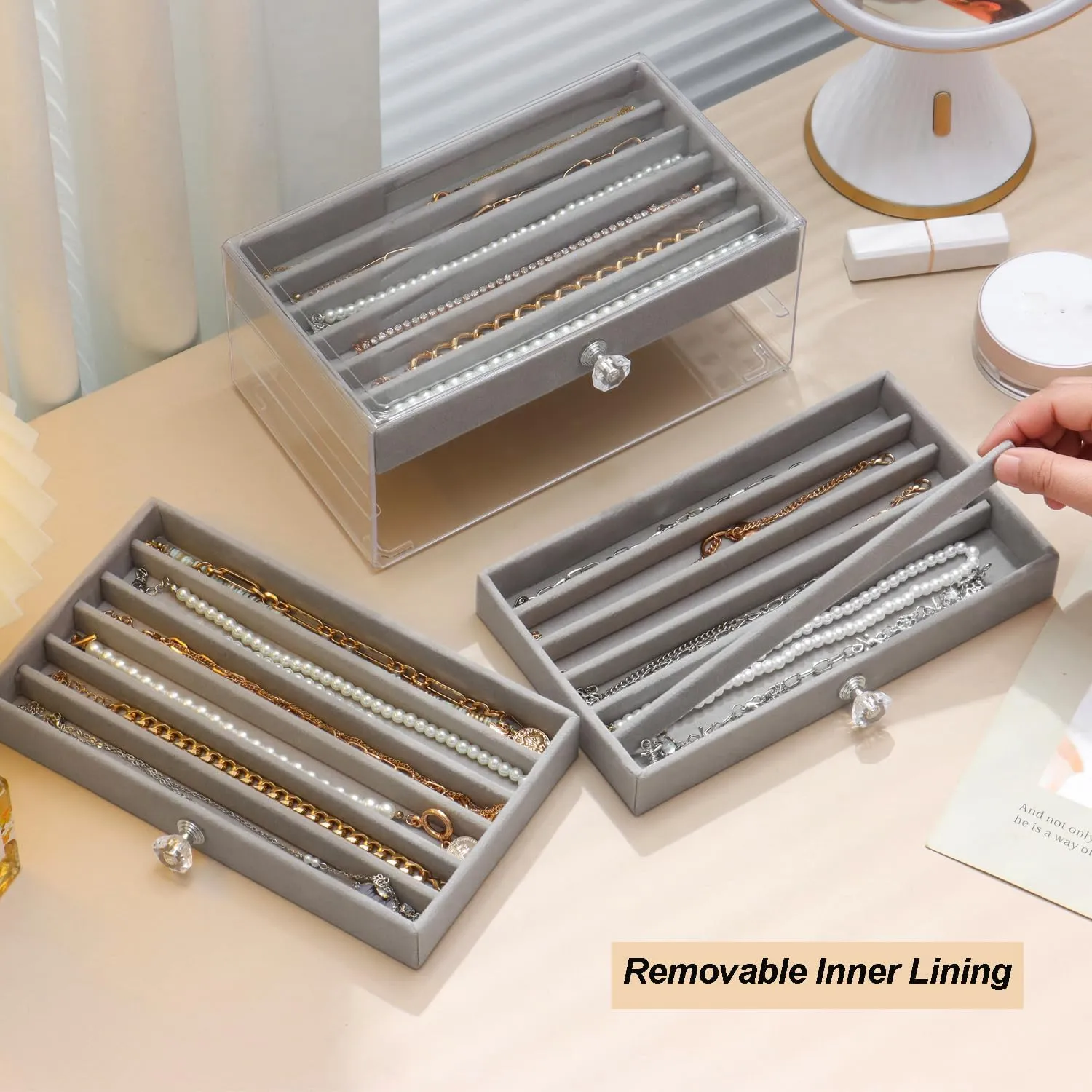 Necklace Organizer Box, Velvet Necklace Box Holder Tray with Clear Lid Chains Showcase Stackable Necklace Storage for Pendant Bracelet (3 Drawers - Grey)