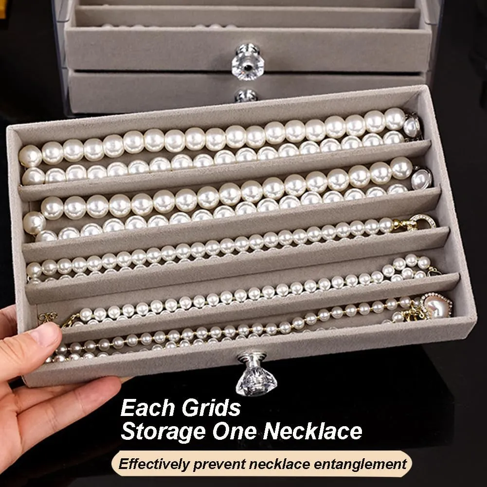Necklace Organizer Box, Velvet Necklace Box Holder Tray with Clear Lid Chains Showcase Stackable Necklace Storage for Pendant Bracelet (3 Drawers - Grey)