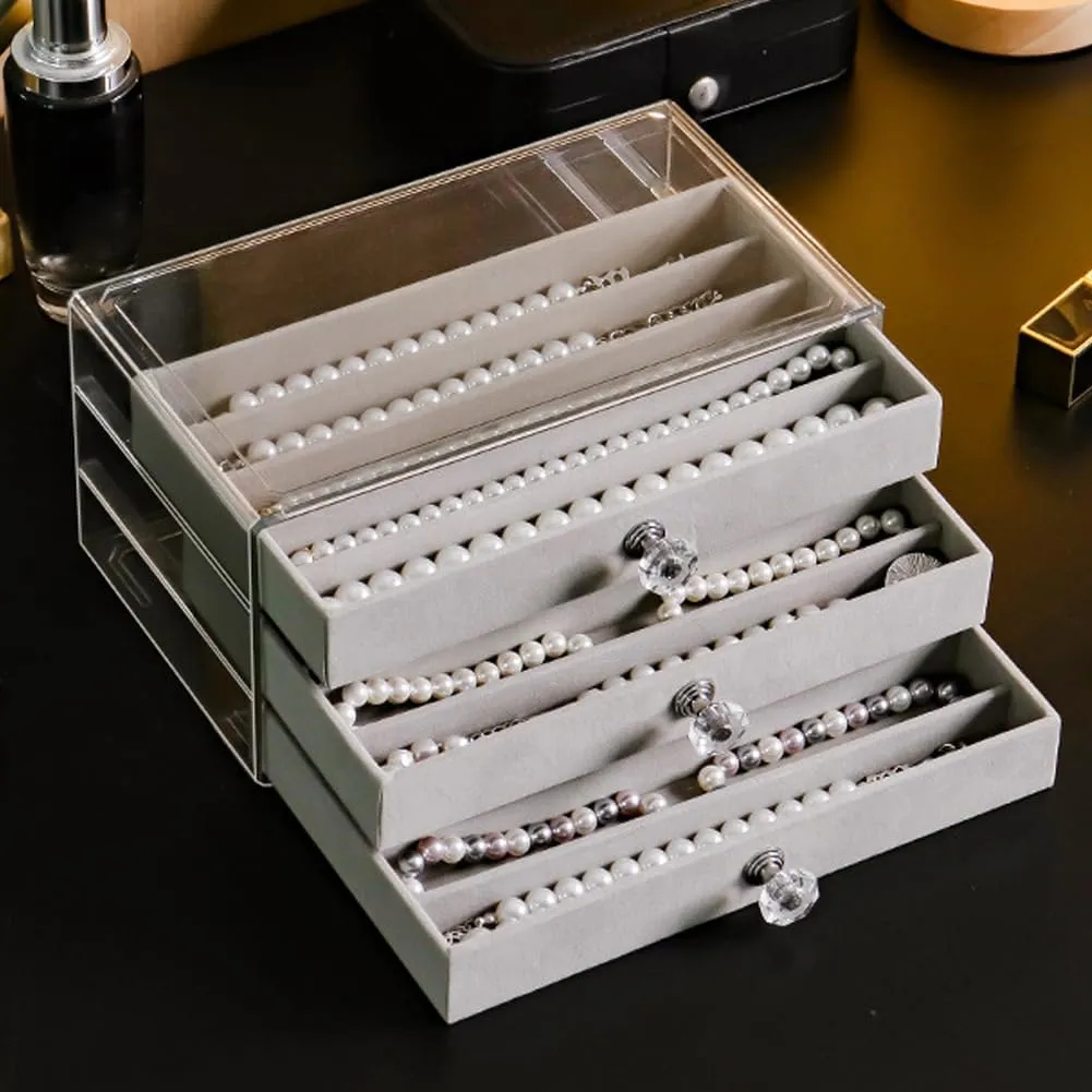 Necklace Organizer Box, Velvet Necklace Box Holder Tray with Clear Lid Chains Showcase Stackable Necklace Storage for Pendant Bracelet (3 Drawers - Grey)