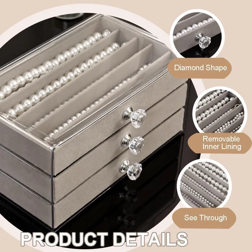 Necklace Organizer Box, Velvet Necklace Box Holder Tray with Clear Lid Chains Showcase Stackable Necklace Storage for Pendant Bracelet (3 Drawers - Grey)