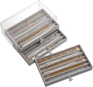 Necklace Organizer Box, Velvet Necklace Box Holder Tray with Clear Lid Chains Showcase Stackable Necklace Storage for Pendant Bracelet (3 Drawers - Grey)