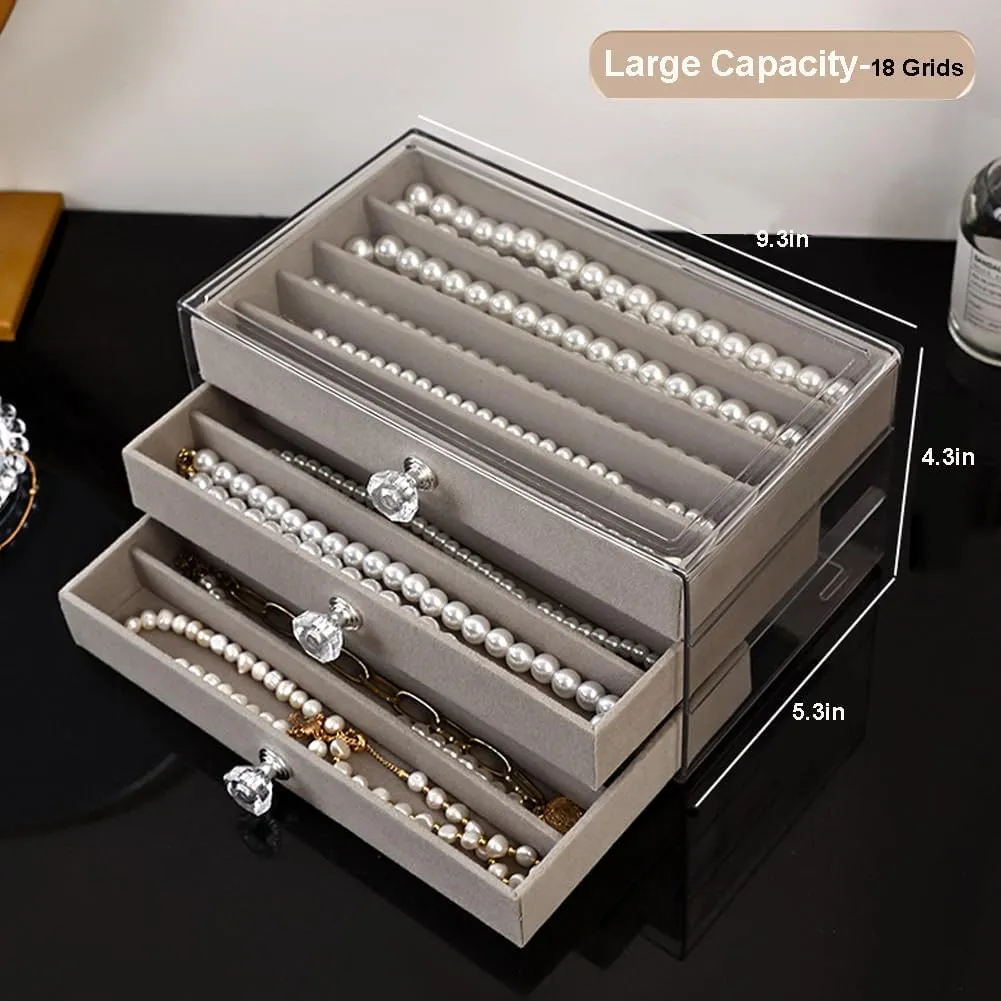 Necklace Organizer Box, Velvet Necklace Box Holder Tray with Clear Lid Chains Showcase Stackable Necklace Storage for Pendant Bracelet (3 Drawers - Grey)
