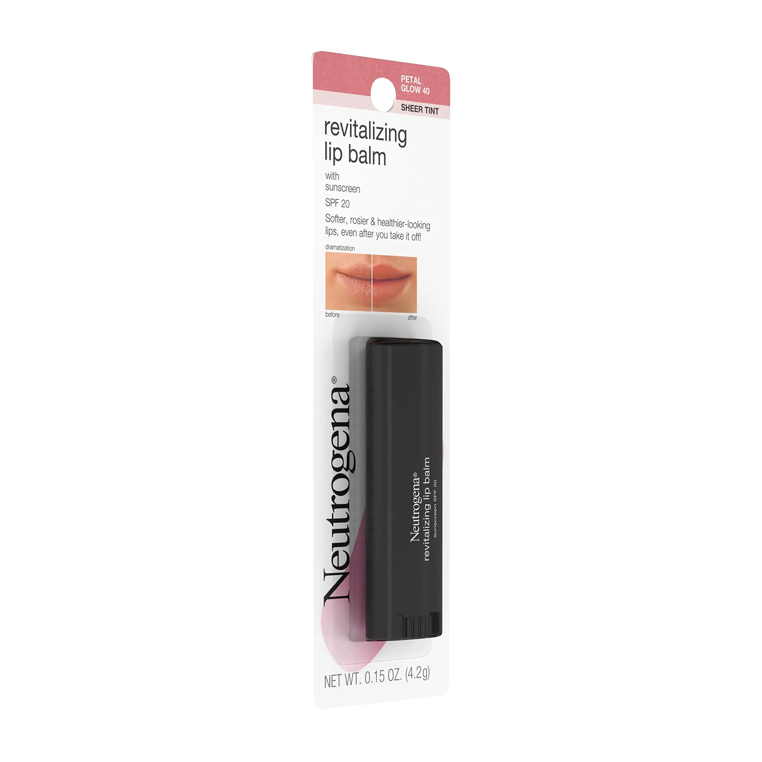Neutrogena Revitalizing and Moisturizing Tinted Lip Balm with Sun Protective Broad Spectrum SPF 20 Sunscreen, Lip Soothing Balm with a Sheer Tint in Color Petal Glow 40, 15 oz