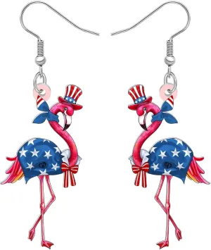 NEWEI Acrylic Cute 4th of July Pink Flamingo Earrings American Flag Hat Patriotic Earrings Dangle Jewelry Flamingo Gifts for Women Bird Lovers Outfit Accessories