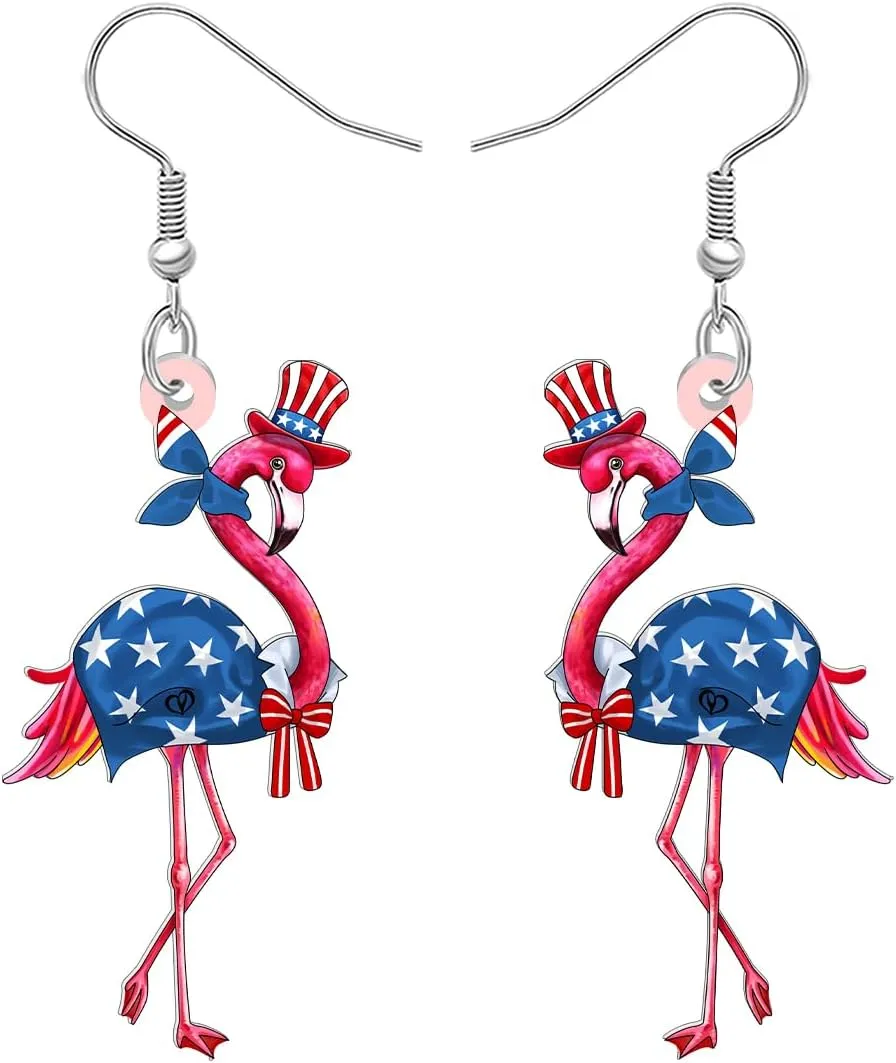 NEWEI Acrylic Cute 4th of July Pink Flamingo Earrings American Flag Hat Patriotic Earrings Dangle Jewelry Flamingo Gifts for Women Bird Lovers Outfit Accessories