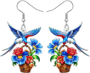 NEWEI Acrylic Cute Blue Magpie Dangling Earrings Gifts Fun Bird with Flower Dangle Spring Summer Jewelry for Women Bird Lovers Accessories Charms