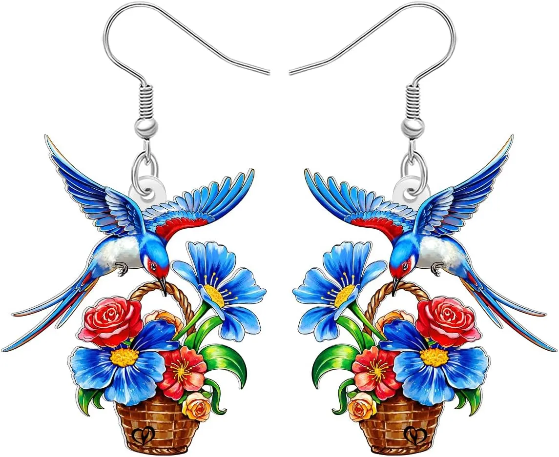 NEWEI Acrylic Cute Blue Magpie Dangling Earrings Gifts Fun Bird with Flower Dangle Spring Summer Jewelry for Women Bird Lovers Accessories Charms