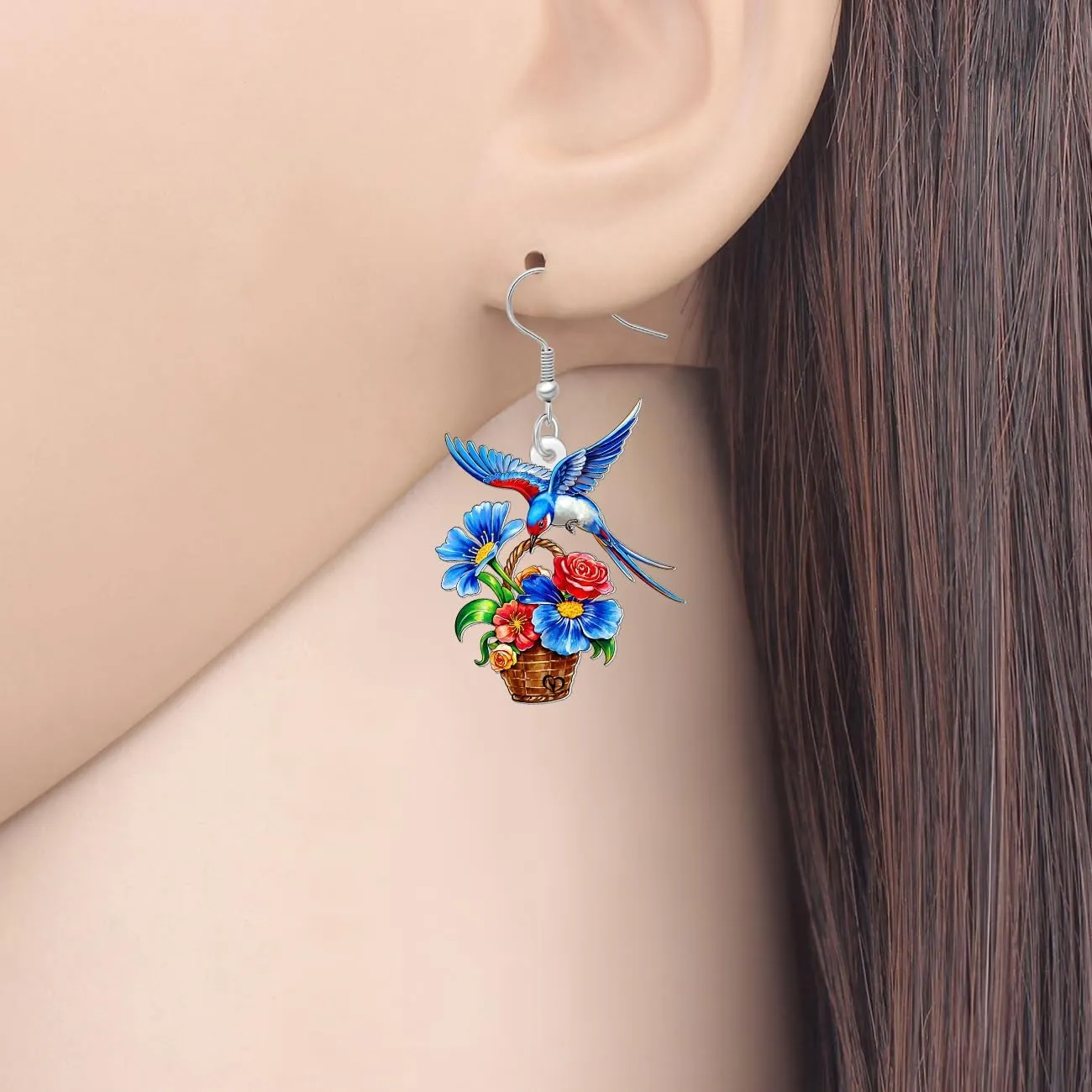 NEWEI Acrylic Cute Blue Magpie Dangling Earrings Gifts Fun Bird with Flower Dangle Spring Summer Jewelry for Women Bird Lovers Accessories Charms
