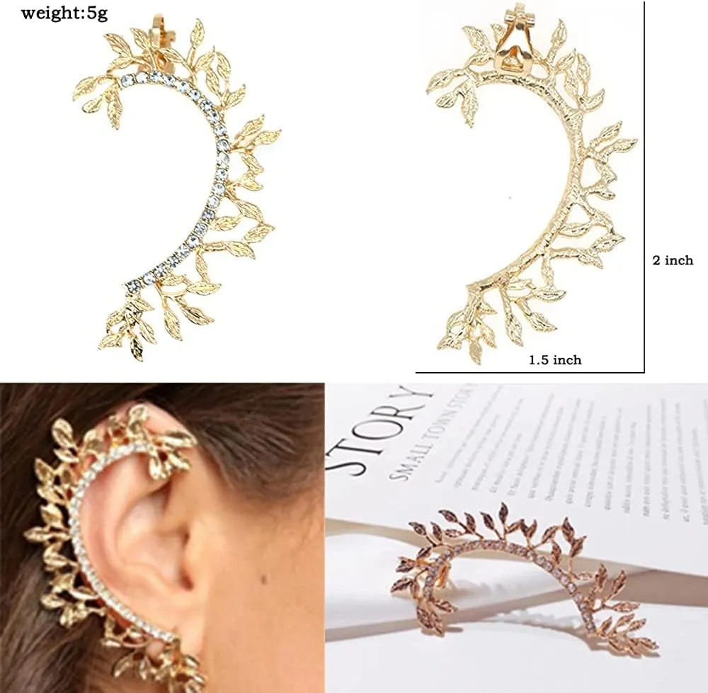 No Pierced Leaf Climbers Crawler Jewelry Jacket Earrings Cute Rhinestone Left Ear Cuff Wrap Clip Golden SIlver Stud Earring Climber Top Ear Clip for Women Girls1 PC