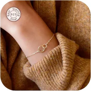 NOKMIT Solid 925 Sterling Silver Bracelets for Women, Dainty Interlocking Circles Cubic Zirconia Adjustable Chain Bracelet, Trendy Stackable Link Bracelets, Simple Cute Jewelry Gifts