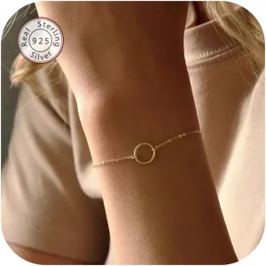 NOKMIT Solid 925 Sterling Silver Bracelets for Women, Dainty Interlocking Circles Cubic Zirconia Adjustable Chain Bracelet, Trendy Stackable Link Bracelets, Simple Cute Jewelry Gifts
