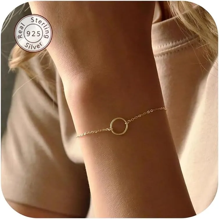 NOKMIT Solid 925 Sterling Silver Bracelets for Women, Dainty Interlocking Circles Cubic Zirconia Adjustable Chain Bracelet, Trendy Stackable Link Bracelets, Simple Cute Jewelry Gifts