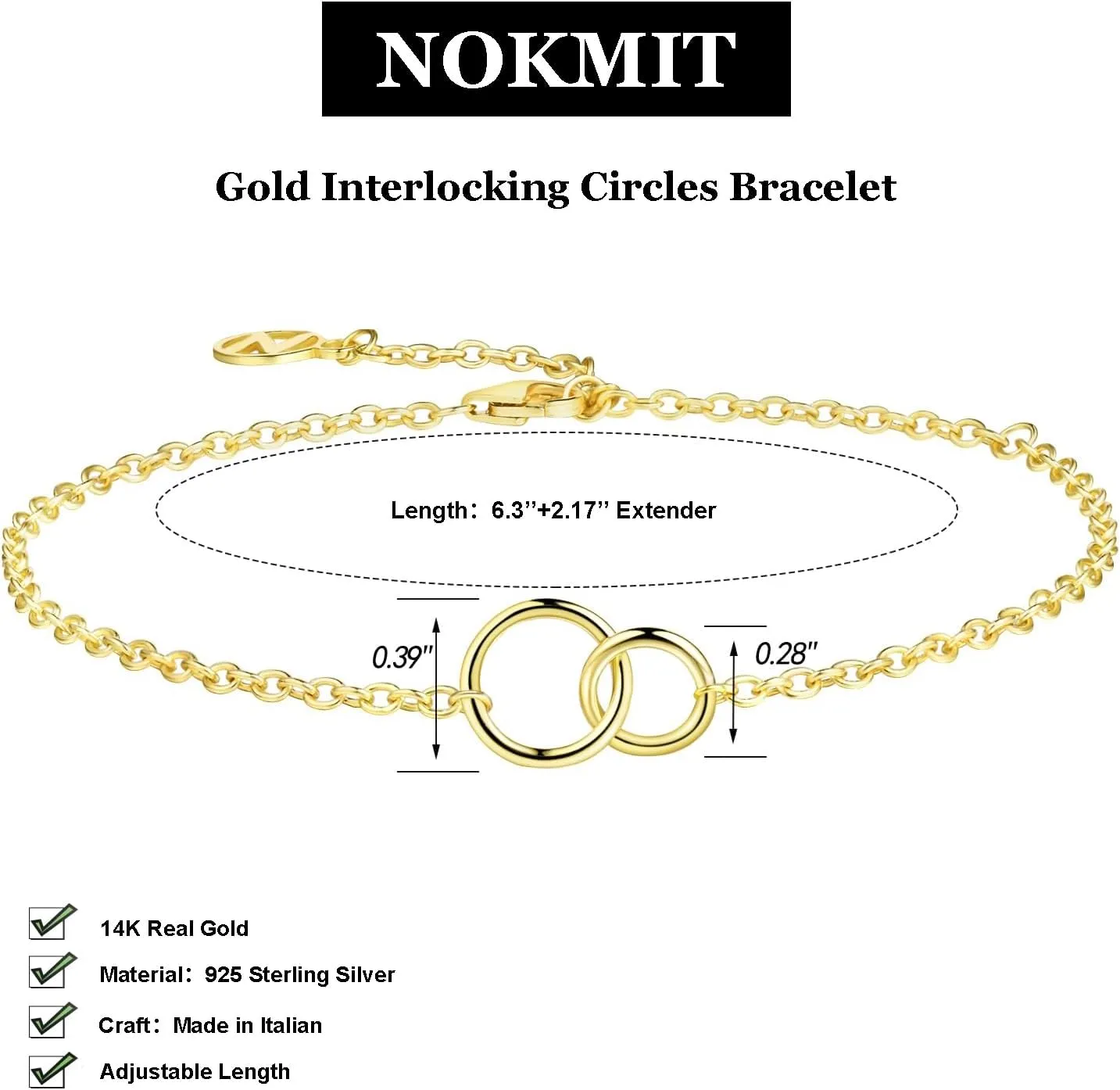 NOKMIT Solid 925 Sterling Silver Bracelets for Women, Dainty Interlocking Circles Cubic Zirconia Adjustable Chain Bracelet, Trendy Stackable Link Bracelets, Simple Cute Jewelry Gifts