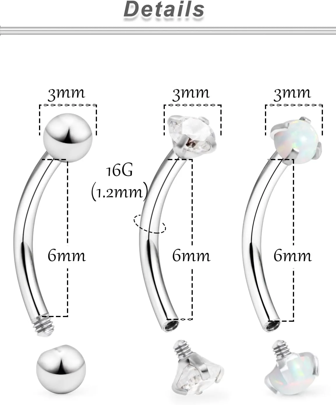 Ocptiy 16G Eyebrow Rook Piercing Jewelry 316L Surgical Steel Vertical Labret Lip Studs Curved Barbell Small Belly Button Ring Daith Earrings Piercing Jewelry 3mm Top CZ / 6mm 8mm 10mm Bars