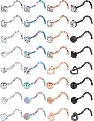 Ocptiy 18G 20G 22G Hypoallergenic Nose Rings Studs 316L Surgical Steel L Shaped Screw Spiral Style Nose Piercing Jewelry for Women Men Silver Rose Gold Black Colorful