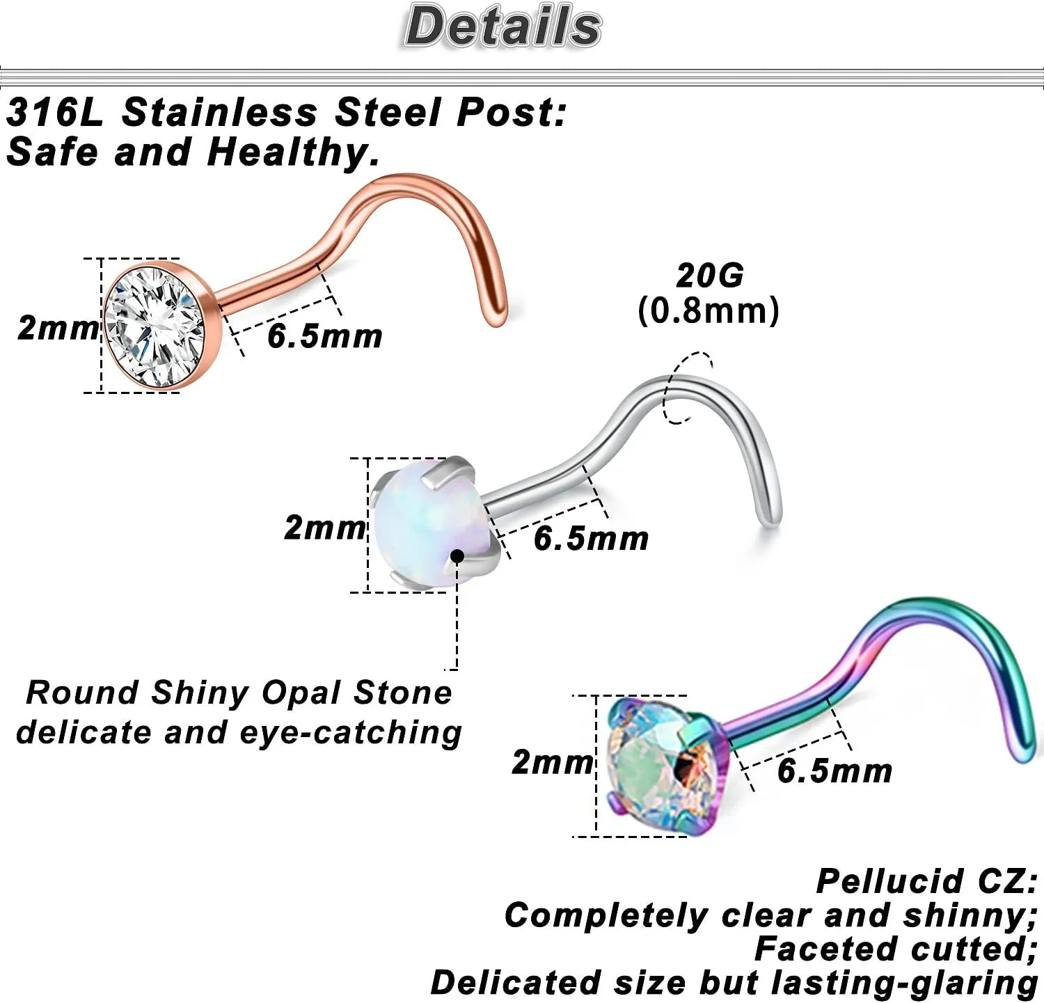 Ocptiy 18G 20G 22G Hypoallergenic Nose Rings Studs 316L Surgical Steel L Shaped Screw Spiral Style Nose Piercing Jewelry for Women Men Silver Rose Gold Black Colorful