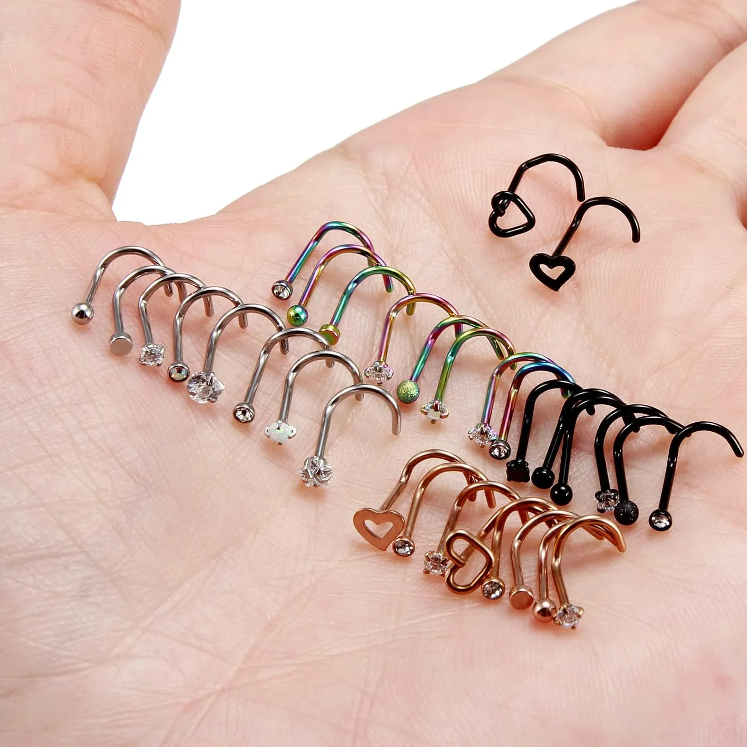 Ocptiy 18G 20G 22G Hypoallergenic Nose Rings Studs 316L Surgical Steel L Shaped Screw Spiral Style Nose Piercing Jewelry for Women Men Silver Rose Gold Black Colorful