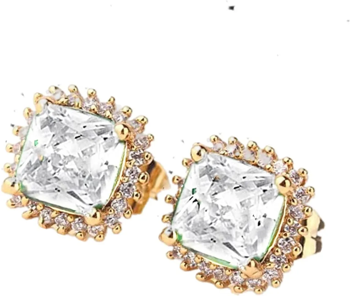 ODETOJOY 1 Pair Simulated Emerald Earrings 18K Yellow Gold Plated Square Cubic Zirconia Simulated Diamond Halo Stud Earrings for Women with Gift Box with Gift Box