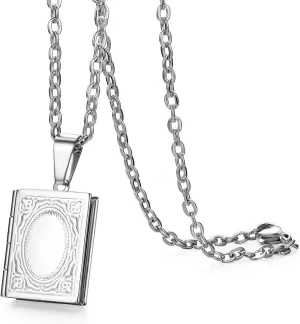 OIDEA Religious Bible Book Locket Necklace Stainless Steel Charms Vintage Antique Bronze Floating Locket Photo Frame Living Memory Photo Holder Pendants for Men
