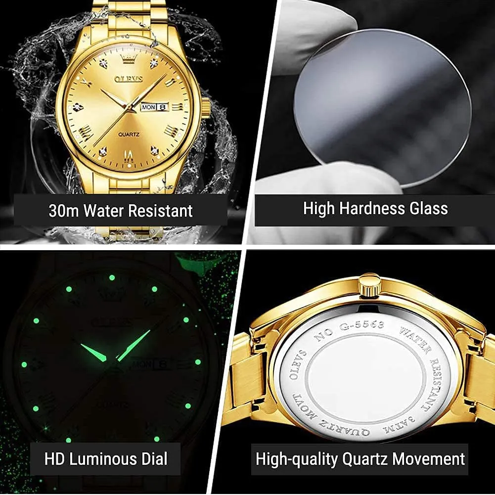 OLEVS Men's Luxury Stainless Steel Watch, Big Face Gold Silver Two Tone Analog Quartz Dress Watch for Men, Casual Easy to Read Waterproof Luminous Day Date Men Wrist Watch