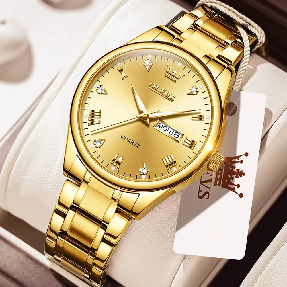 OLEVS Men's Luxury Stainless Steel Watch, Big Face Gold Silver Two Tone Analog Quartz Dress Watch for Men, Casual Easy to Read Waterproof Luminous Day Date Men Wrist Watch