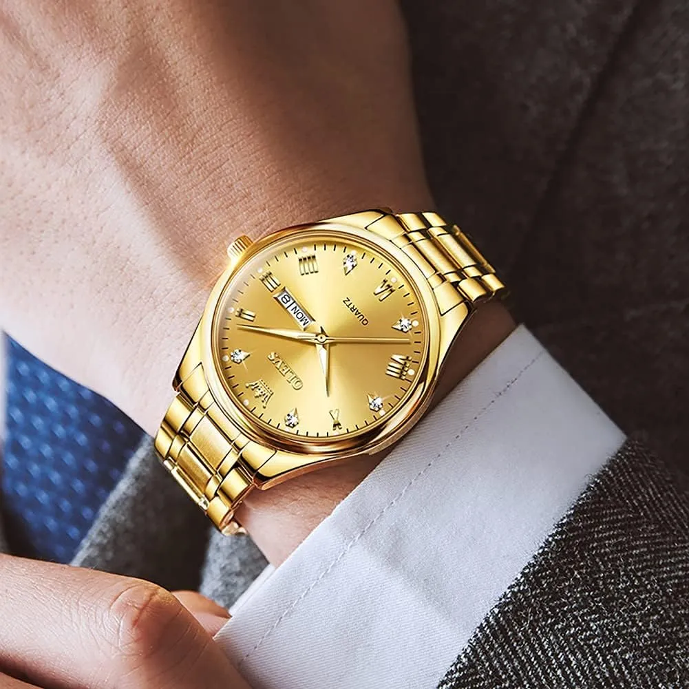 OLEVS Men's Luxury Stainless Steel Watch, Big Face Gold Silver Two Tone Analog Quartz Dress Watch for Men, Casual Easy to Read Waterproof Luminous Day Date Men Wrist Watch
