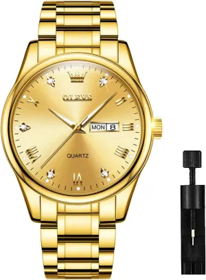 OLEVS Men's Luxury Stainless Steel Watch, Big Face Gold Silver Two Tone Analog Quartz Dress Watch for Men, Casual Easy to Read Waterproof Luminous Day Date Men Wrist Watch