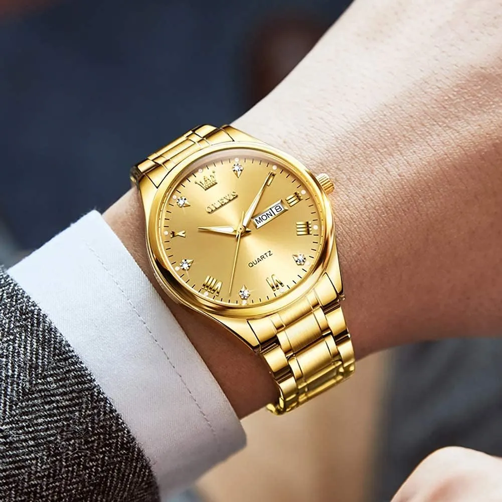 OLEVS Men's Luxury Stainless Steel Watch, Big Face Gold Silver Two Tone Analog Quartz Dress Watch for Men, Casual Easy to Read Waterproof Luminous Day Date Men Wrist Watch