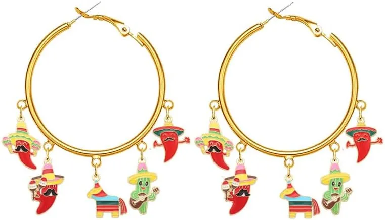 ONLYJUMP Cinco De Mayo Hoop Earrings for Women Mexican Enamel Sombrero Pinata Cactus Chili Pepper Earrings Fiesta Holiday Jewelry Gifts